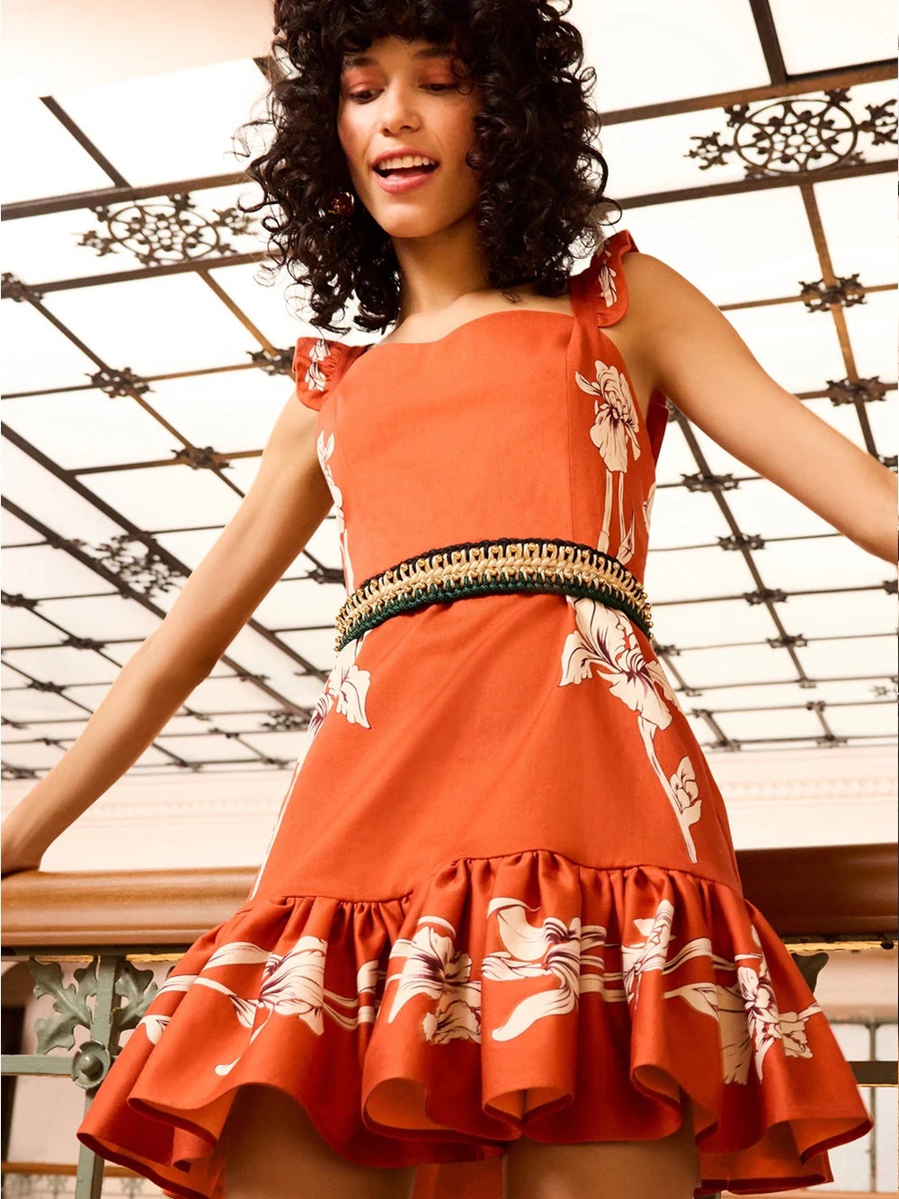 LA DoubleJ Orange Floral Ruffle Mini Dress
